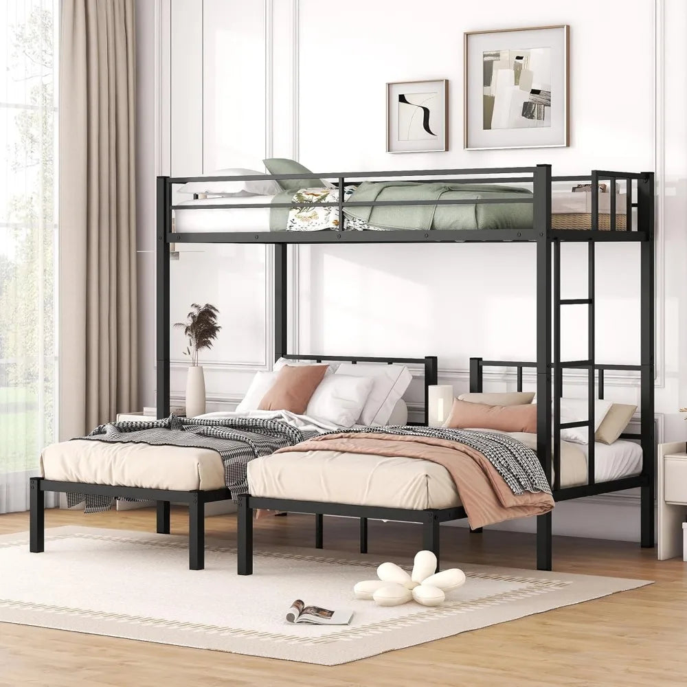 Black Metal Triple Bunk Beds Frame, Twin Over Twin & Twin Bunk Bed with Guardrails, Can Be Separated into 3  Beds for Kids