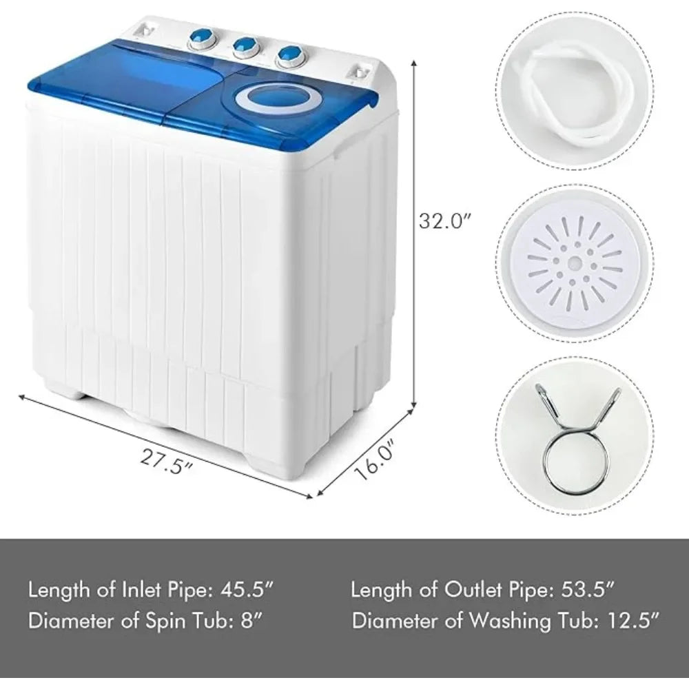 Portable Washing Machine Twin Tub 26lbs Capacity Laundry 18lbs 8lbs Spinner Combo with Built-in Drain Pump