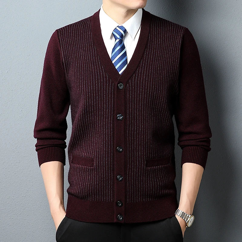 New Autumn Men's Cardigan  Plaid Fashion Business Casual Knitted Sweater Warm V-neck Sweater