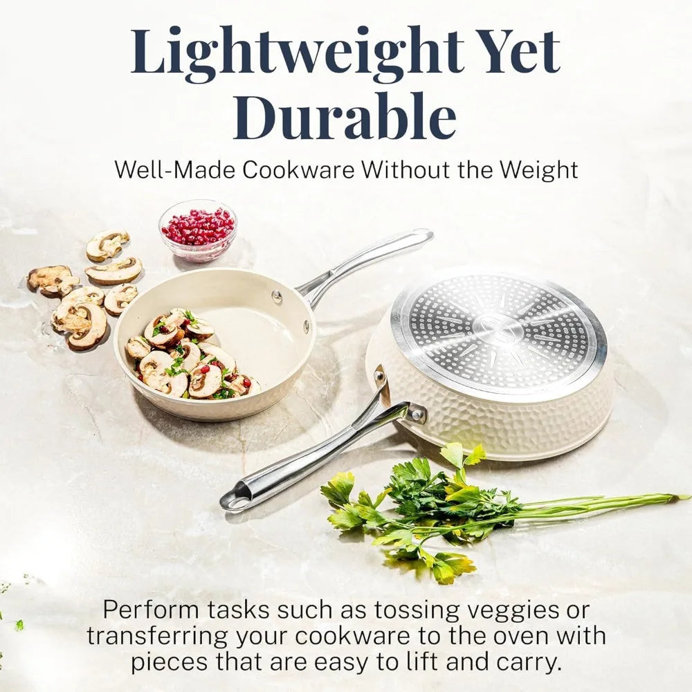 Hammered 15 Pc Ceramic Pots and Pans Set Non Stick Pots and Pan Set Dishwasher Safe Cream White Cookware Kitchen Dining Bar Home