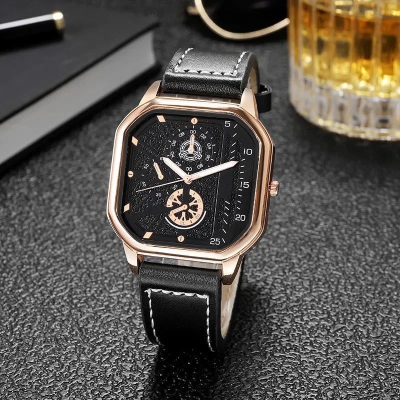 Men Quartz Watches Alloy Dial Business Men Watch PU Leather Strap Square Sports Watch Cool Black Wristwatch for Man Reloj Hombre