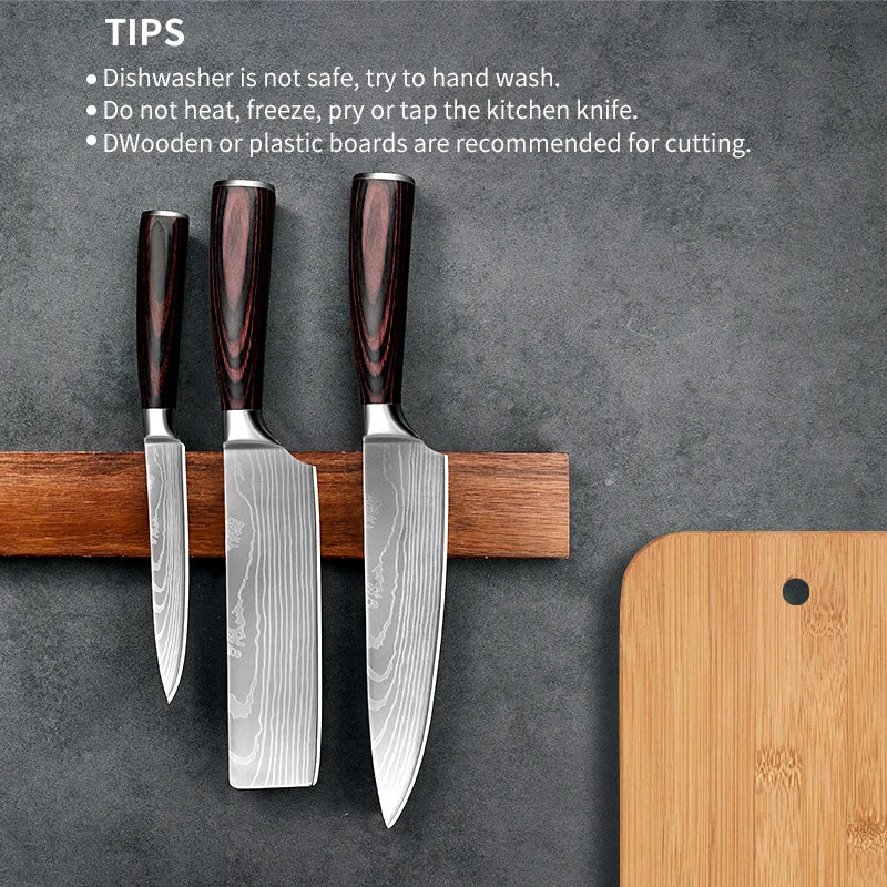 PLYS Kitchen Knife Set Damascus Pattern Laser Engraved Stainless Steel Sharp Japanese Chef's Knife