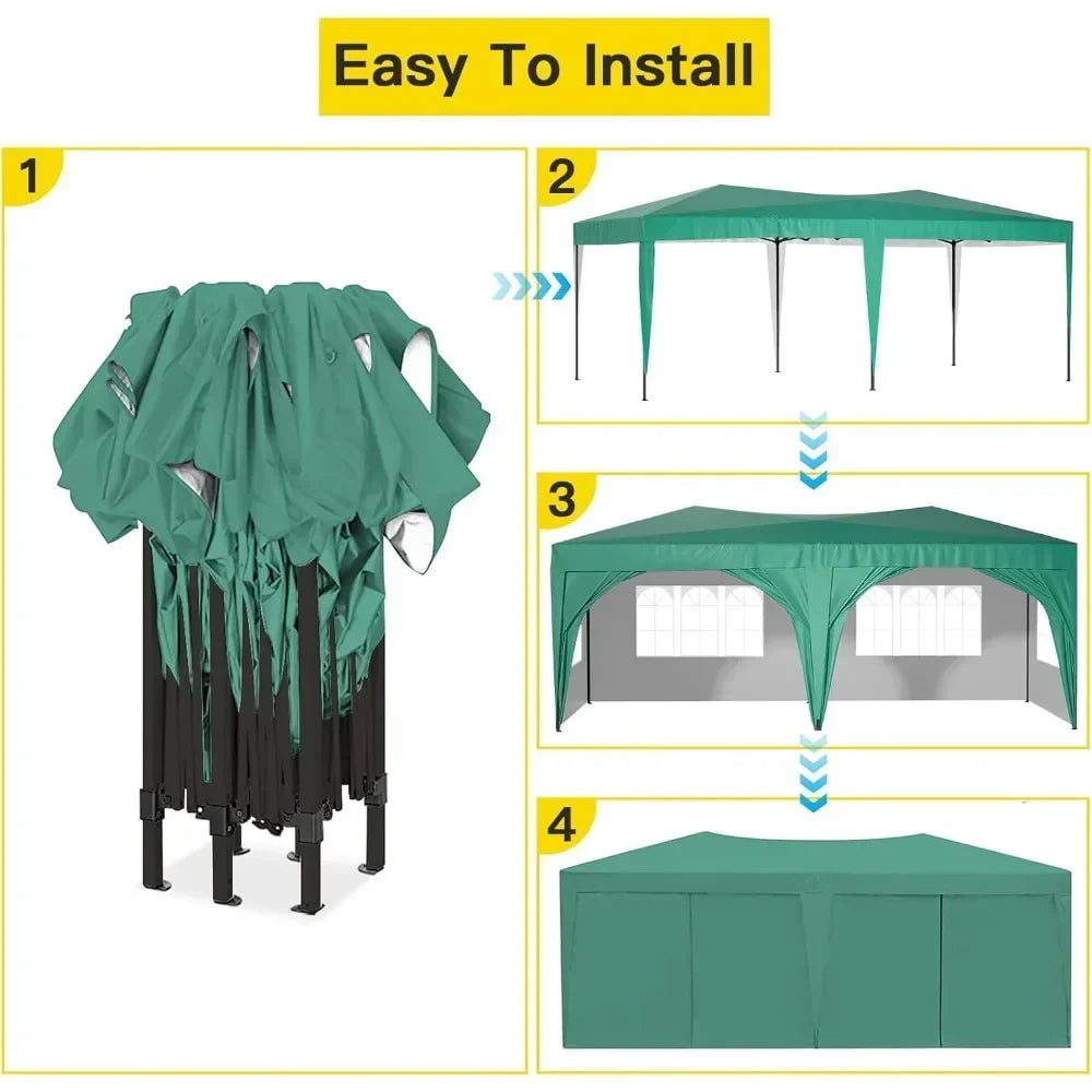 Awning 10x20 with Sidewalls, Sun-Resistant Heavy Duty 10x20 Pop Up Canopy with 6 Sand Bags, Green Foldable Event Tent