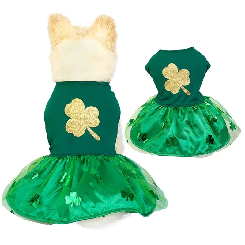 St Patrick Day Pet Clothes Green Clover Puppy Dog Dress Tulle Skirt with Bowtie Lucky Clover Holiday Dresses for Small Dogs Cats