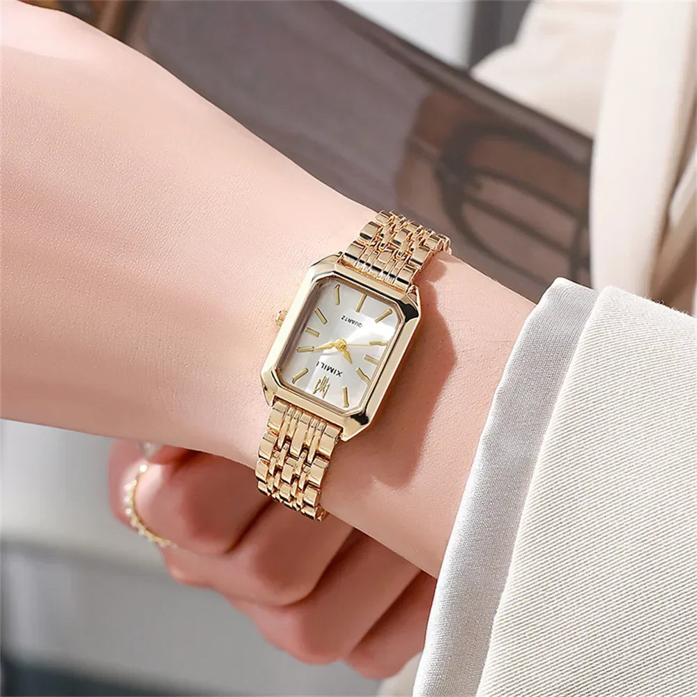 Luxury Ladies Bracelet Quartz Wristwatch Simple Scale Square Quality Gold Plated Women Watches Business Alloy Folding Clock