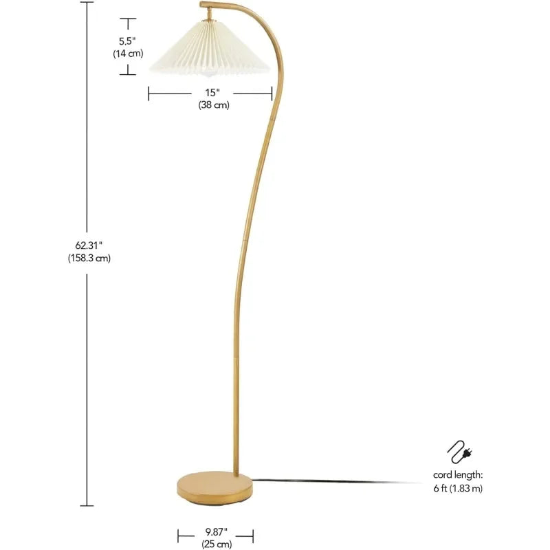 62" Floor Lamp, Faux Wood Finish, White Pleated Fabric Shade, Pivot Joint on Shade, Black Cord, Reading Lamp
