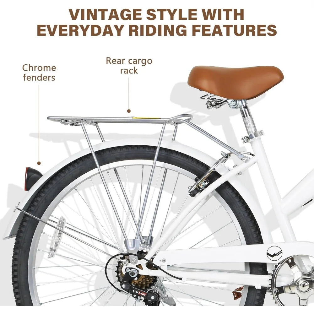 26 Inch Commuter Bicycle for Adult Men and Women, 7-Speed/High-Carbon Steel/Front & Rear Fenders, Comfortable City Bikes