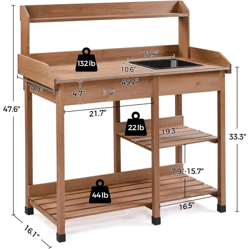 Potting Bench Outdoor Garden Work Bench Station Planting Solid Wood Construction for Horticulture W/Sink Drawer Rack Shelves