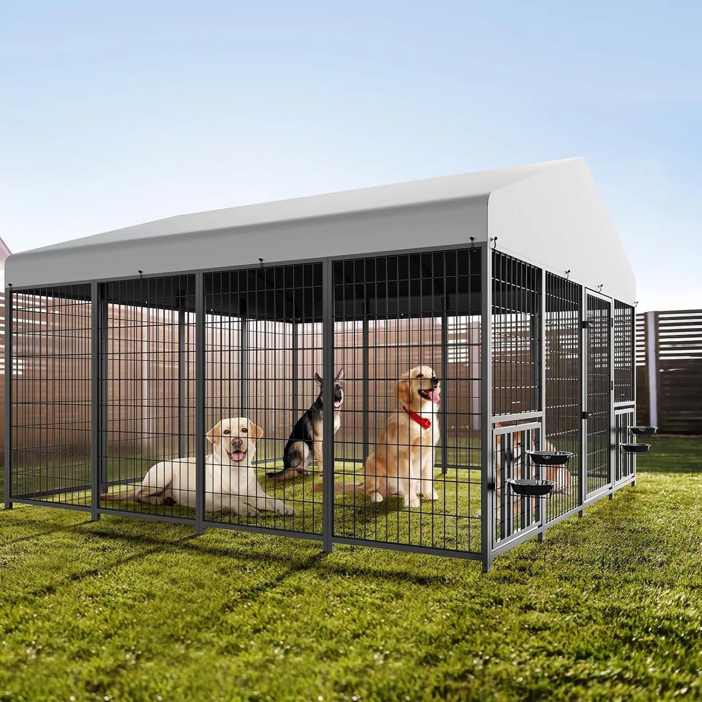 Dog Kennel Outdoor Pet Pens Dogs Run Enclosure Animal Hutch Metal Coop Fence with Roof Cover, Dogs Playpen