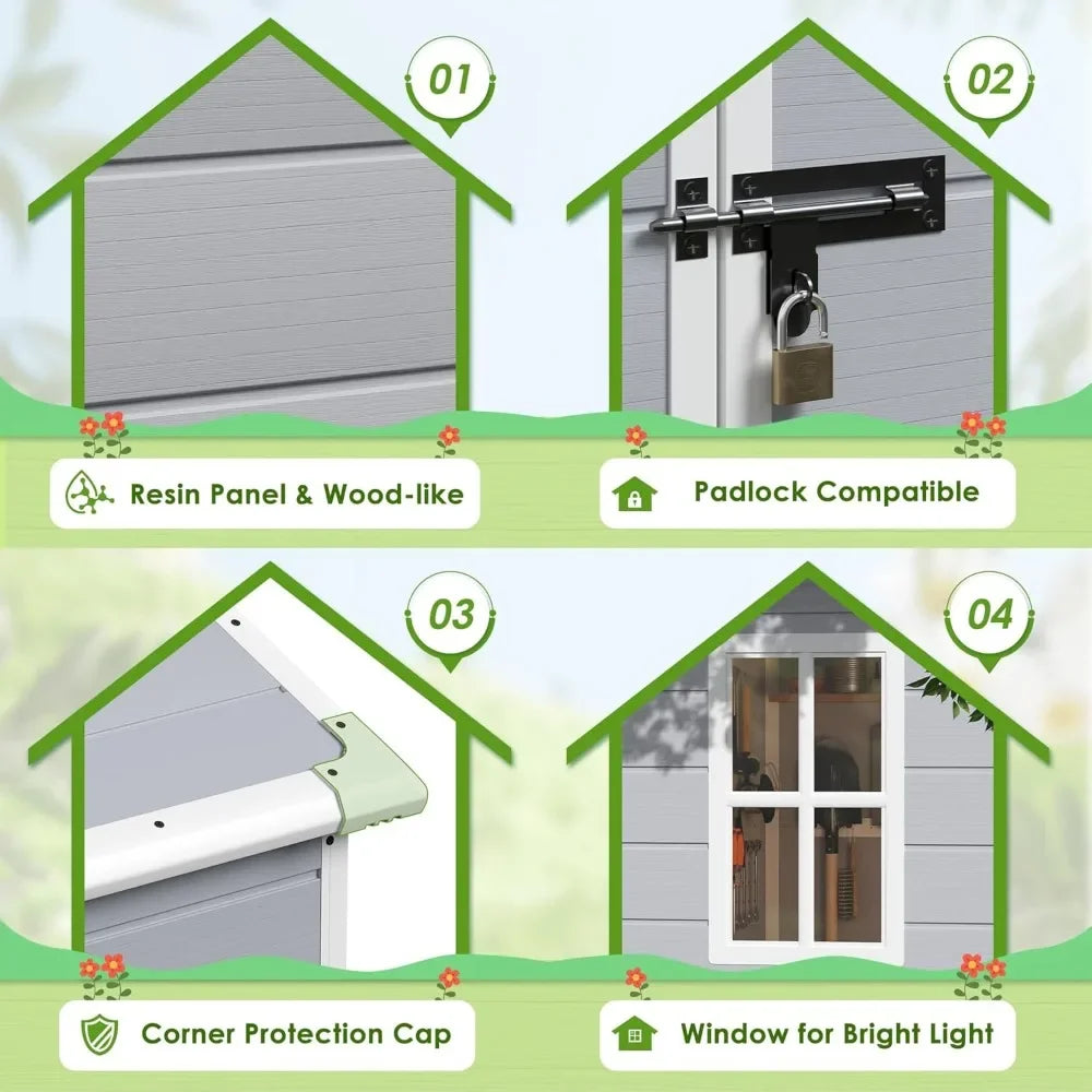 Outdoor Storage Shed, 6 x 4 FT Resin Shed with Floor and Lockable Door, Plastic Garden Tool Outside Sheds for Patio Backyard
