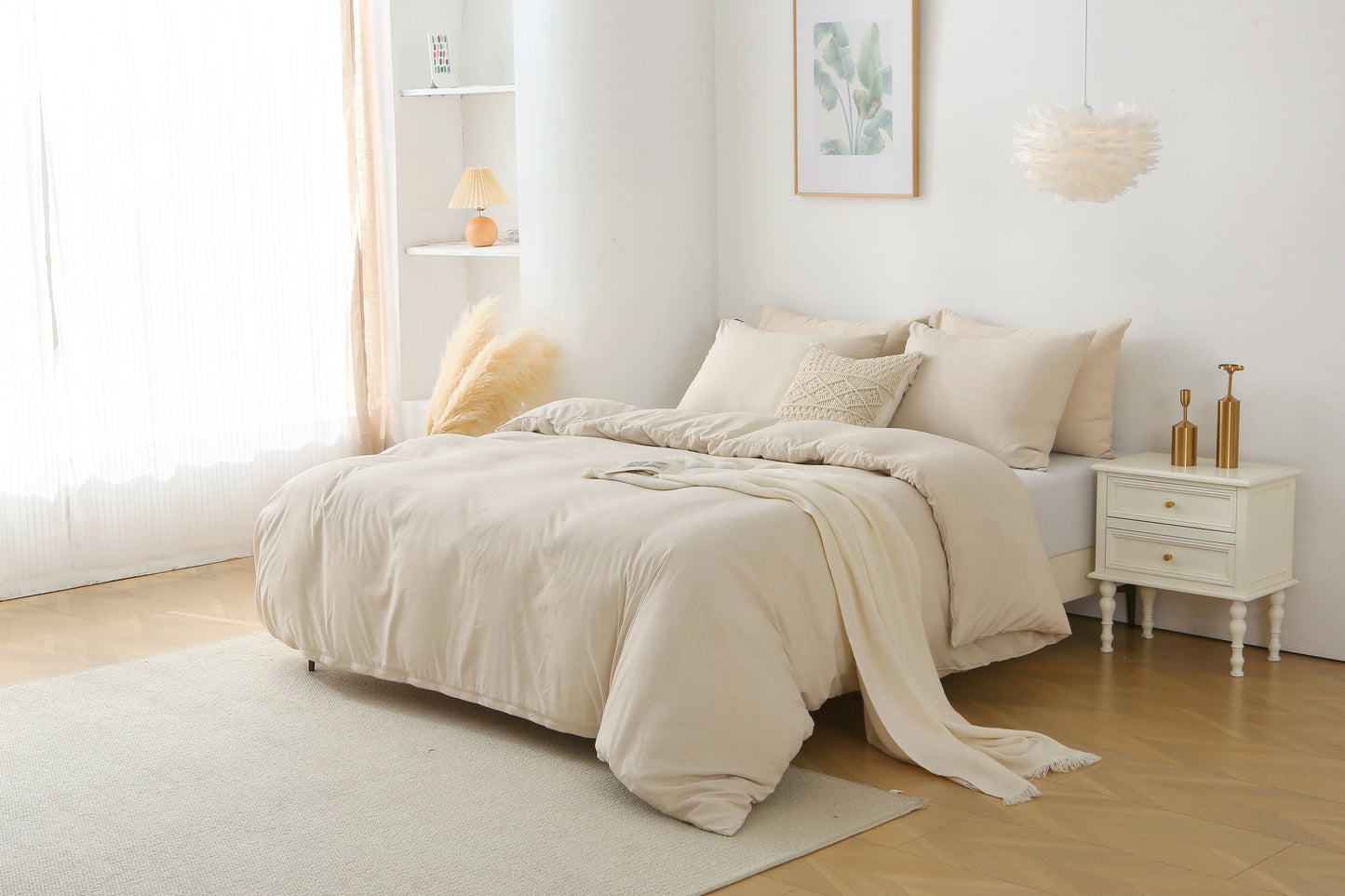 3 Pieces Solid Color Bedding Set with 1 Duvet Cover and 2 Pillow Shams, Comforter Not Included (King Size, Beige)