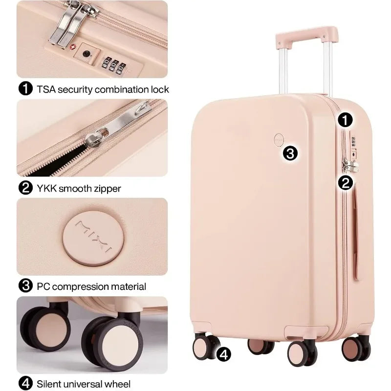 Mixi 3-Piece Luggage Set Hardside PC Travel Suitcase Rolling Bag Spinner Wheels TSA Lock, 20+24+28 Pink, with Cover