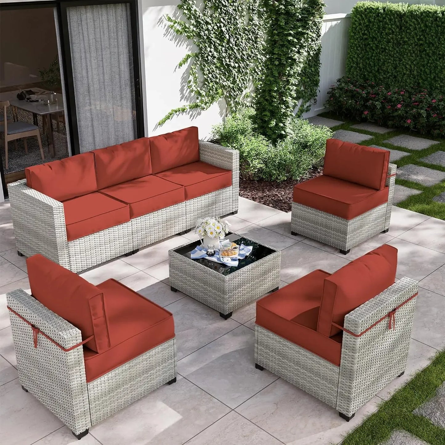 8-Piece Patio Furniture Set With Fire Pit Table, Seat Cushions Light Grey Outdoor Modular Wicker Conversation Set