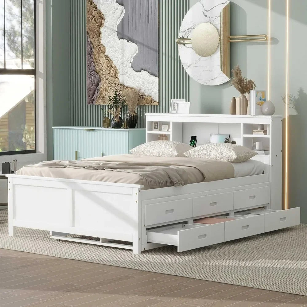 Full Storage Bed With Bookcase Headboard Wood Platform Bed Frames for Kids Teens Adults - White Bedroom Furniture Queen Frame