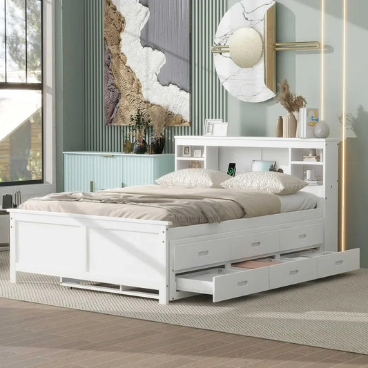 Full Storage Bed With Bookcase Headboard Wood Platform Bed Frames for Kids Teens Adults - White Bedroom Furniture Queen Frame