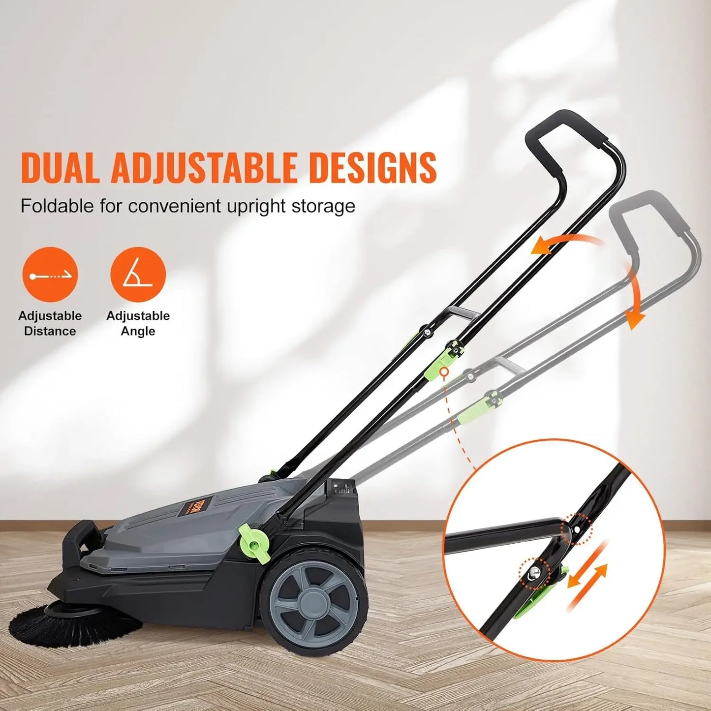 25.6" Sweeping Width Floor Sweeper Manual Non-Electric 5-Gallon Waste Container, Angle & Height Adjustable Folding Handle