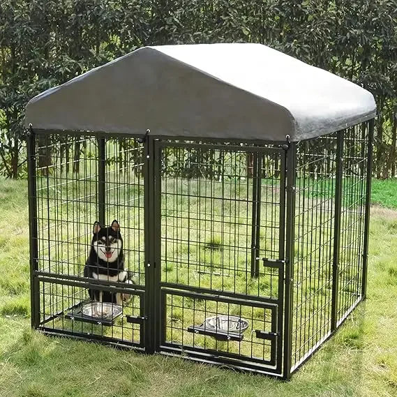 Dog Kennel Outdoor with Roof and Rotating Bowl Holders, Large Metal Dog Enclosure, Heavy Duty Dog House Built