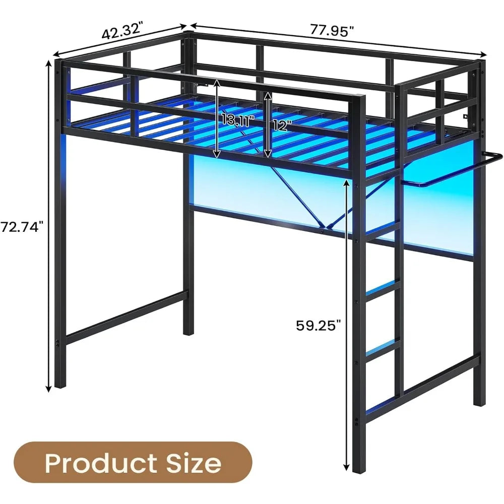 Twin Loft Bed with LED Lights, Metal Loft Bed Twin Size with Full-Length Guardrail &Clothes Rack,Heavy Duty Metal Loft Bed Frame