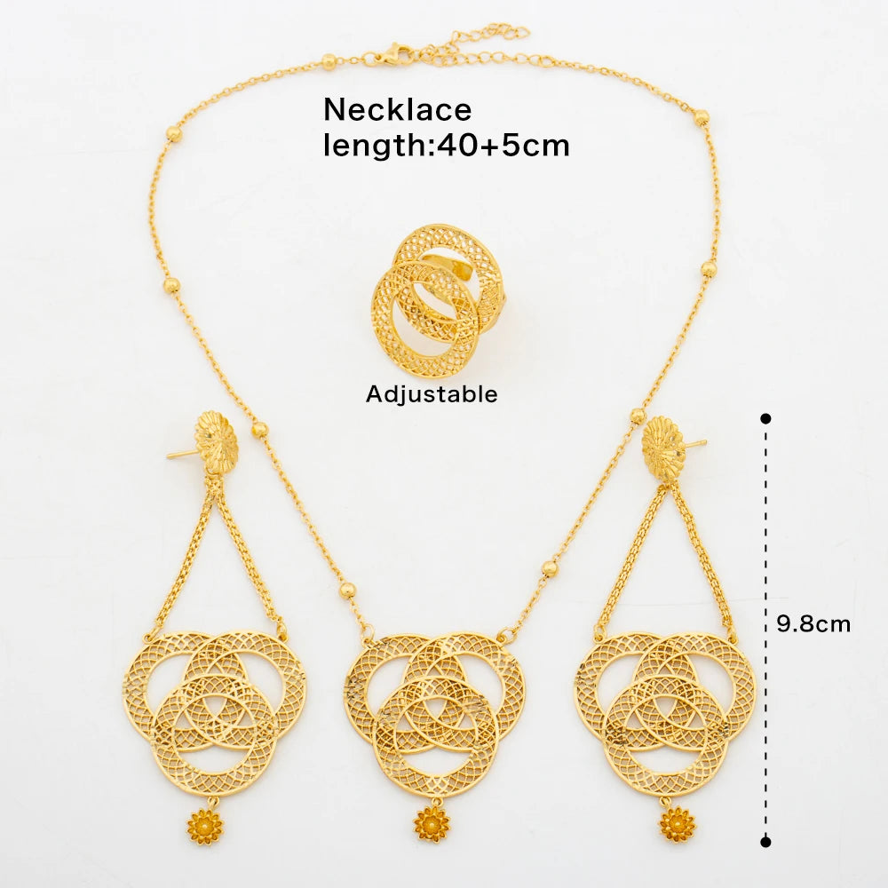 African Jewelry Set for Women Gold Plated Earrings and Pendant Necklace Wedding Party Jewellery Tassel Earrings and Necklace Set