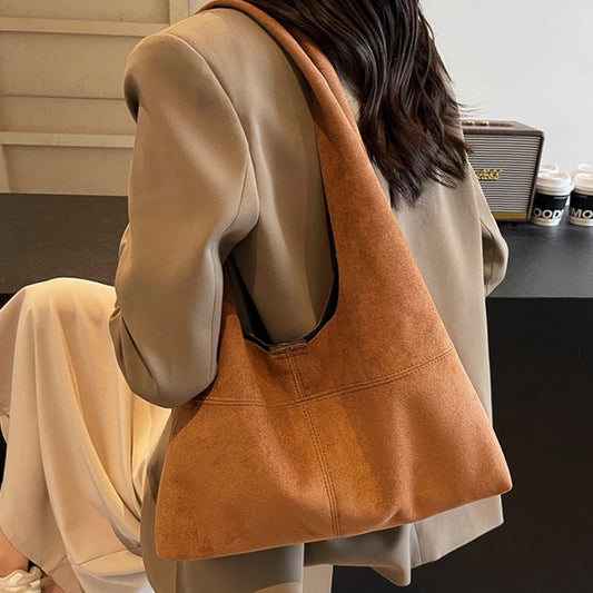 Women Suede Shoulder Bag with Inner Pocket Underarm Bag Vintage Hobo Bag Slouchy for Work Travel