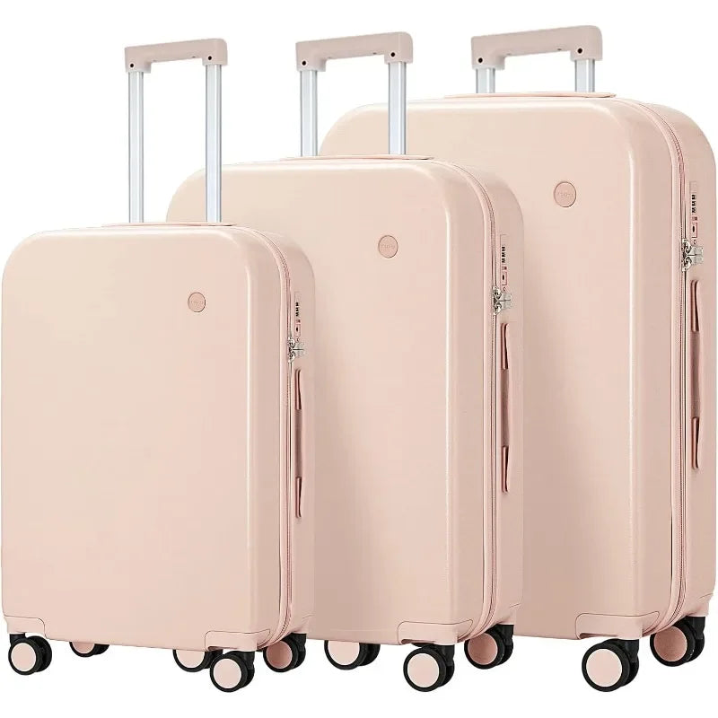 Mixi 3-Piece Luggage Set Hardside PC Travel Suitcase Rolling Bag Spinner Wheels TSA Lock, 20+24+28 Pink, with Cover