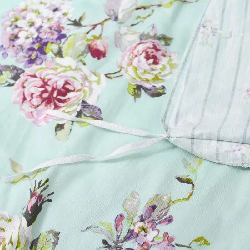 Floral Duvet Cover Queen 100% Cotton Blue Green Farmhouse Bedding Super Soft Reversible Striped Country Bed Purple Hydrangea