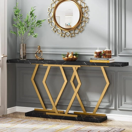 70.9 Inch Extra Long Sofa TableBlack and Gold Console Table with Faux Marble Tabletop,Modern Long Entryway Table with Gold Frame