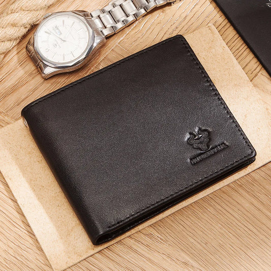 HUMERPAUL Genuine Leather For Men Short Wallet Vintage Large-capacity With Anti-theft Chain Credit Card Holder Purse RFID
