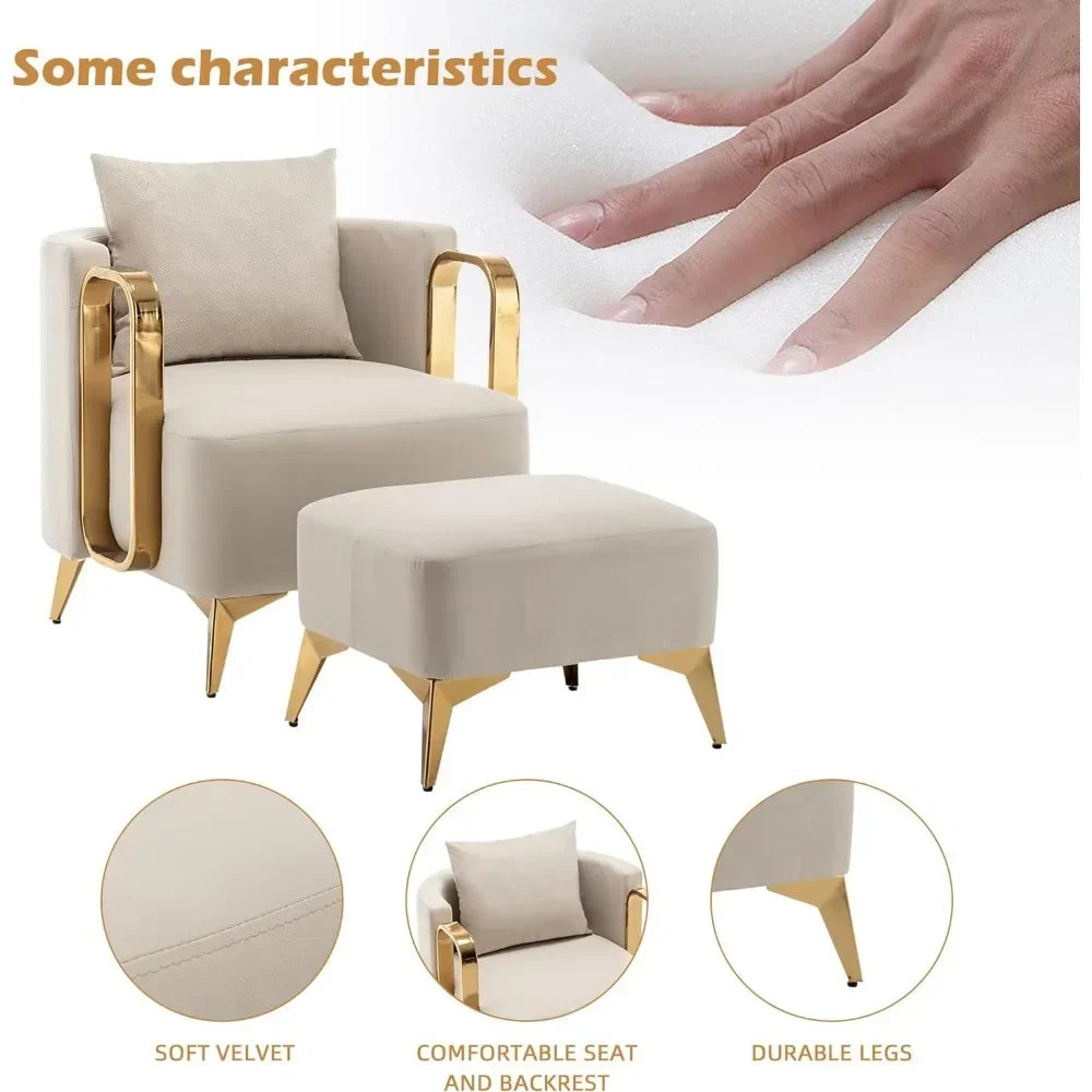 Chair with Ottoman,Faux Leather Upholstered  Reading Single Sofa chair Bedroom Living Room Office,Armchair with Metal Legs,Beige