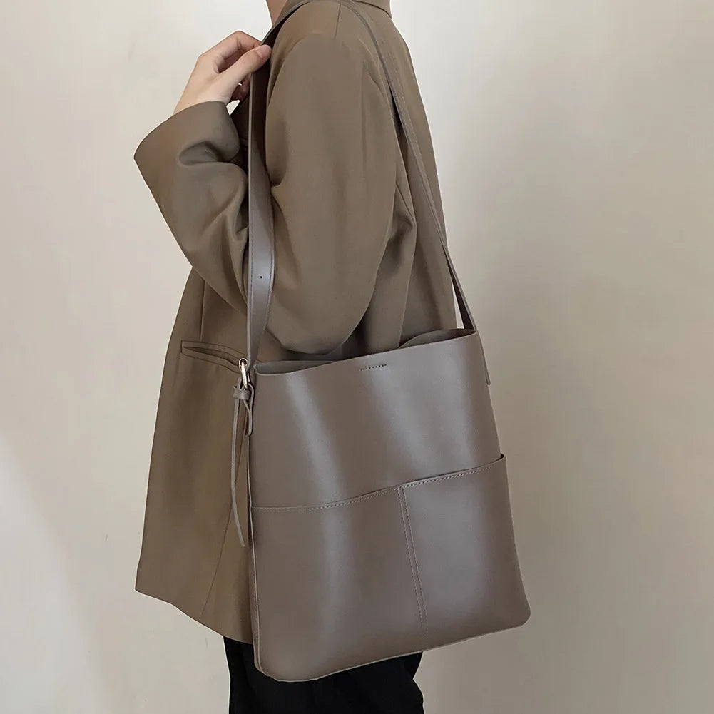 Women's Casual Soft Skin Tote Large-capacity Bucket Bag Advanced Sense Niche Ladies Versatile Commuter Designer Shoulder Bag