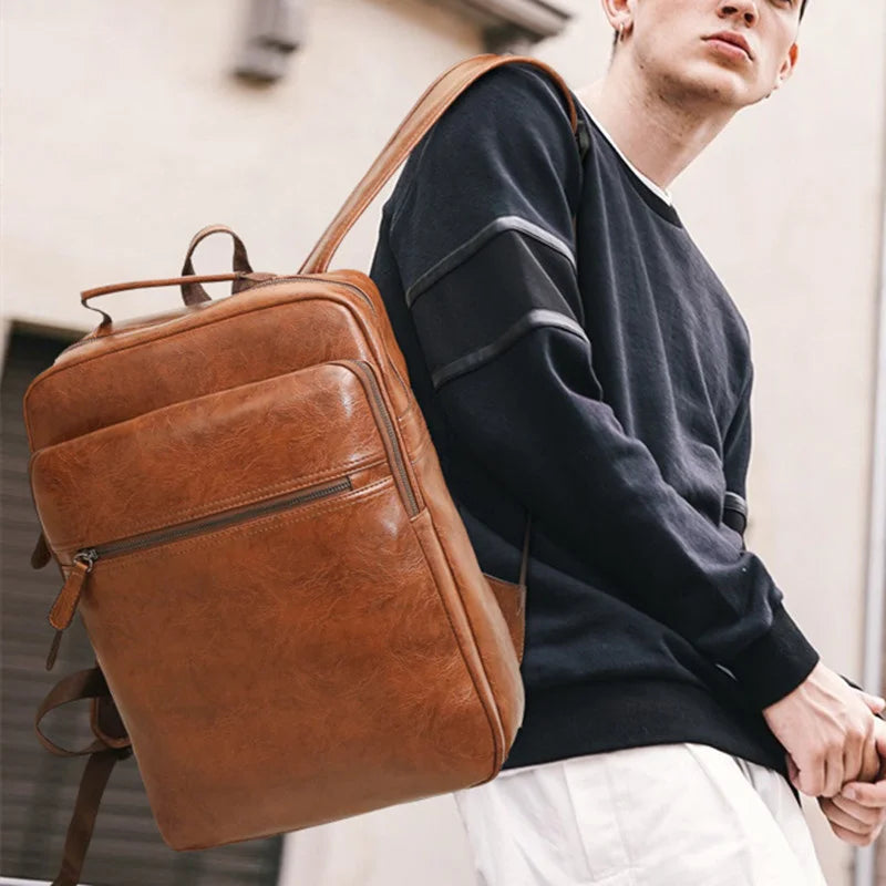 Vintage USB Charging Men's Backpack Luxury PU Leather Student School bag Large Capacity Laptop Bag Casual Male Travel Backpack