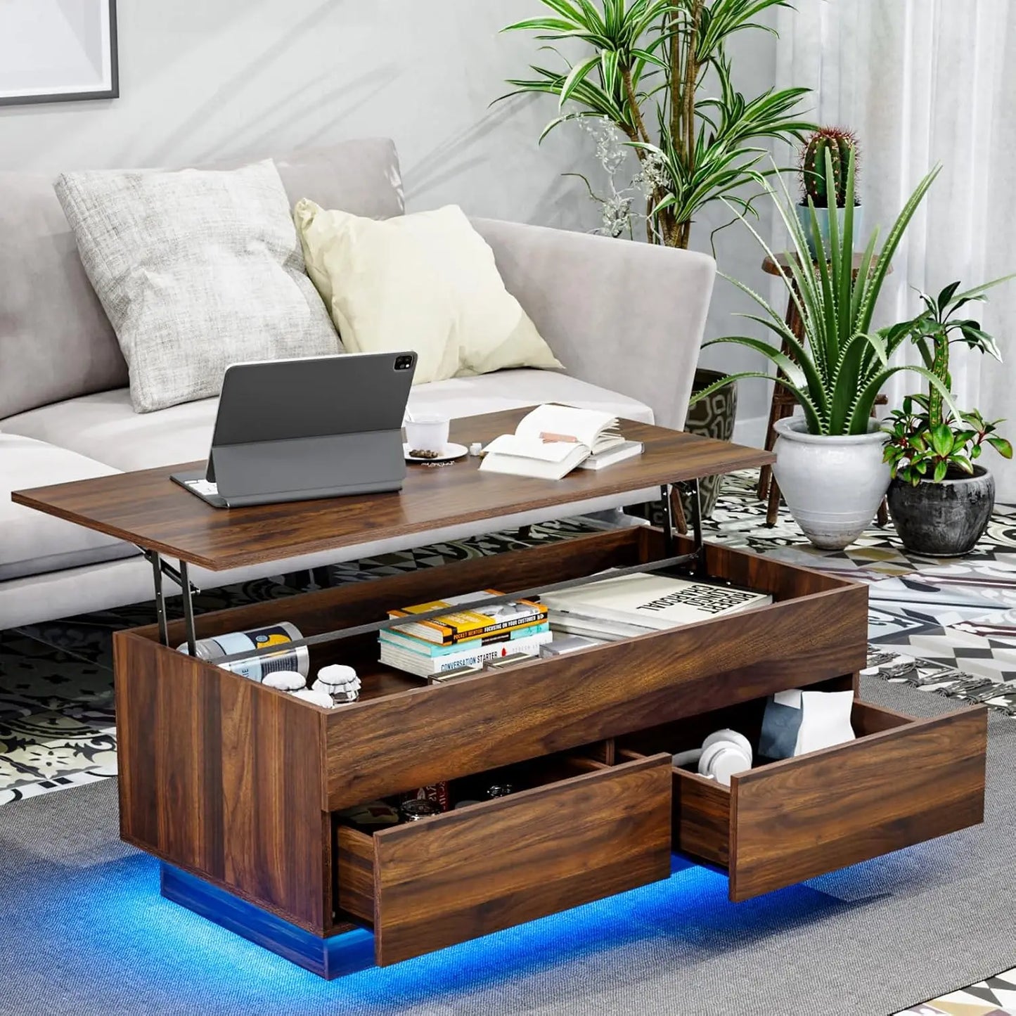 40'' Lift Top Coffee Table for Living Room, Black Coffee Tables with Storage, LED Modern Coffee Table Rectangular Black G