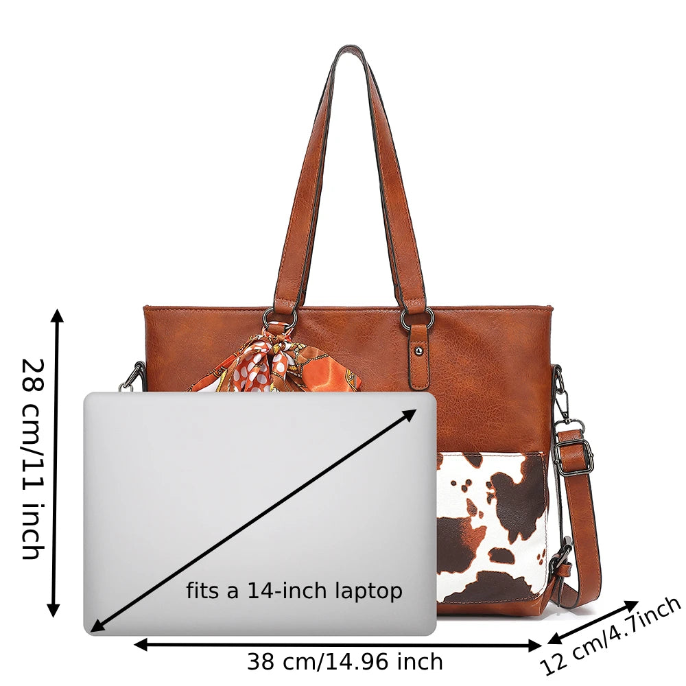 2PC Set Purses Tote Bag For Women, Handbags PU Leather Large Shoulder Bag,  Cow Pattern Work Bags With Multi-Pockets