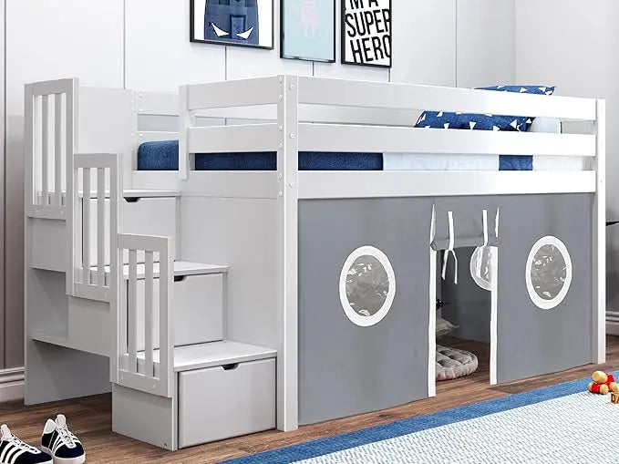 Kids Bed Frame, Contemporary Low Loft Twin Bed with A 3 Drawer Stairway, Cherry with Gray & White Tent, Bed Frame Children