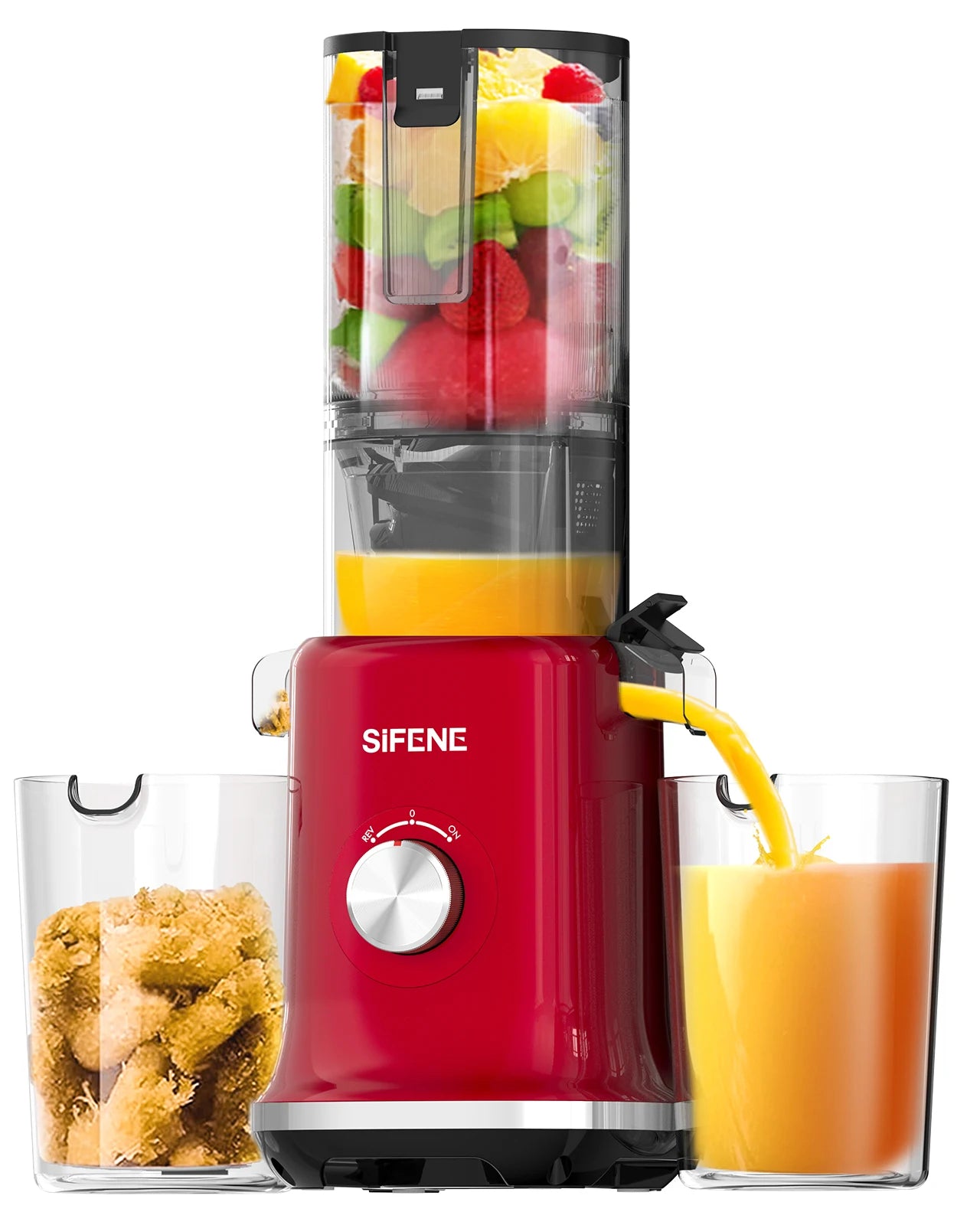 SIFENE Whole Fruits Cold Press Juicer Machine, 4.3-inch (110mm) Large Feed Chute for Vegetables and Fruits, Easy to Clean, Red
