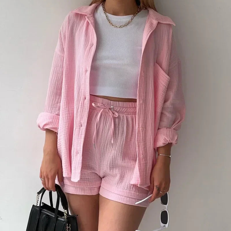 Summer Women's 2-piece Set White Long Shirt High Waisted Shorts Sets Casual Women 2 Piece Set Outfit Streetwear Female Clothing
