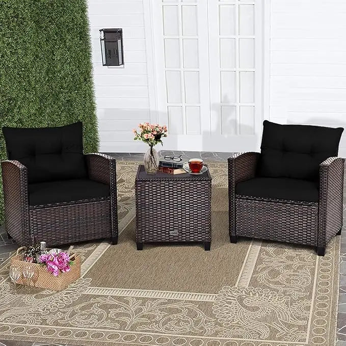 3 Piece Patio Furniture Set, Wicker Bistro Conversation Set w/2 Cushioned Armchairs & Glass Topped Table, Outdoor Rat