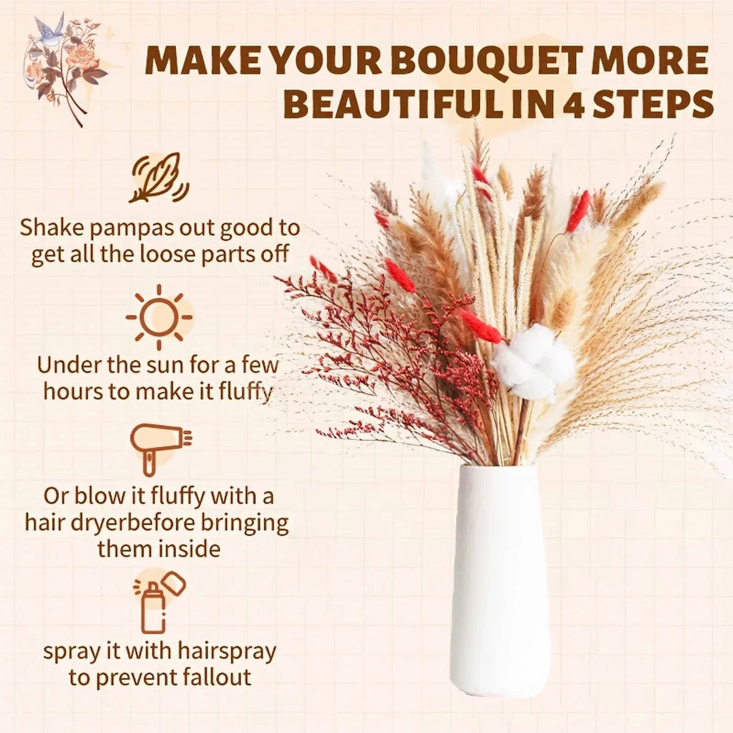 Natural Pampas Grass Bouquet Red Dried Flowers Decor Wedding Floral Arrangement Cotton Reeds DIY Home Bedroom Vase Decoration