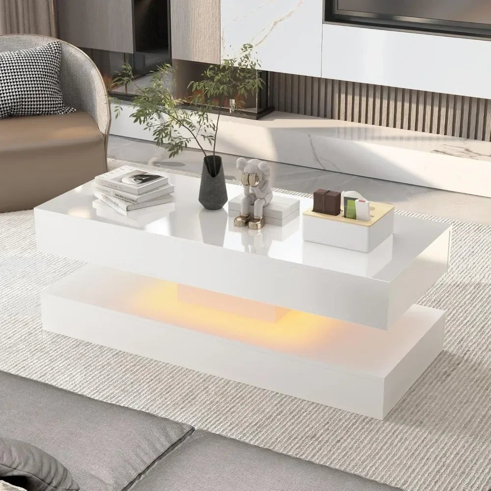 47.3IN High Glossy LED Coffee Table,APP LED Lights,Black/White, Modern Furniture for Living Room