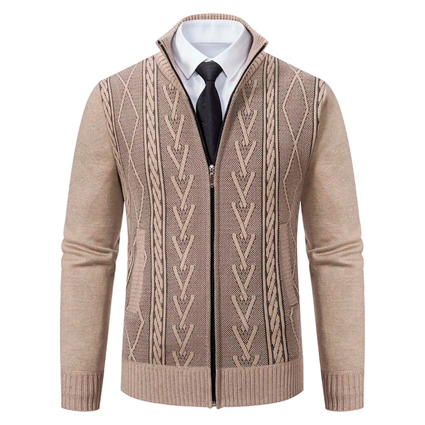 Printing Mens' Sweater Stand Collar Long-Sleeve Sweater Fall Winter Slim Fit Cardigan For Man Pocket Zipper Casual Coats