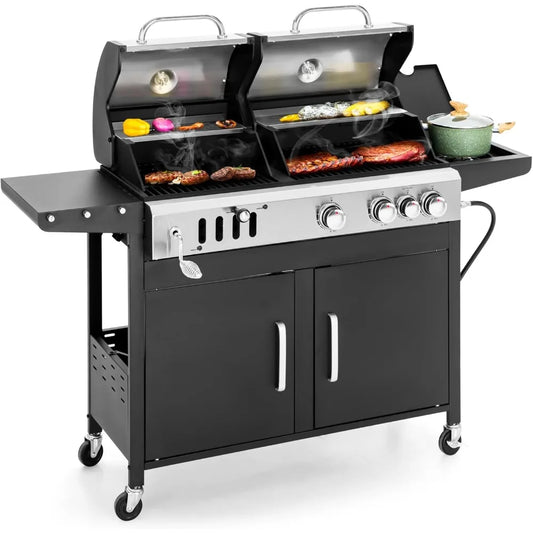 Dual Fuel Propane Gas Grill and Charcoal Grill Combo with Side Burner,Extra Large BBQ Grill for Outdoor Barbecue Cooking