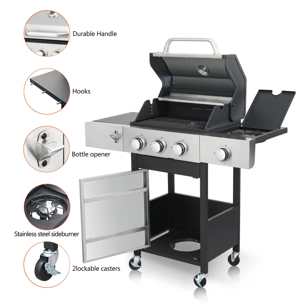 3-Burner Propane Gas BBQ Grill with Side Burner, 37230BTU Output with Enameled Cast Iron Cooking Grids for Outdoor Barbecue BBQ