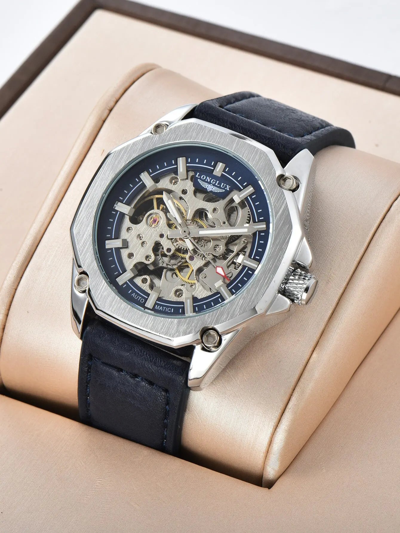 LONGLUX automatic watch sport style wholesale mechanical wristwatches fashion hollow leather mens watch men gift