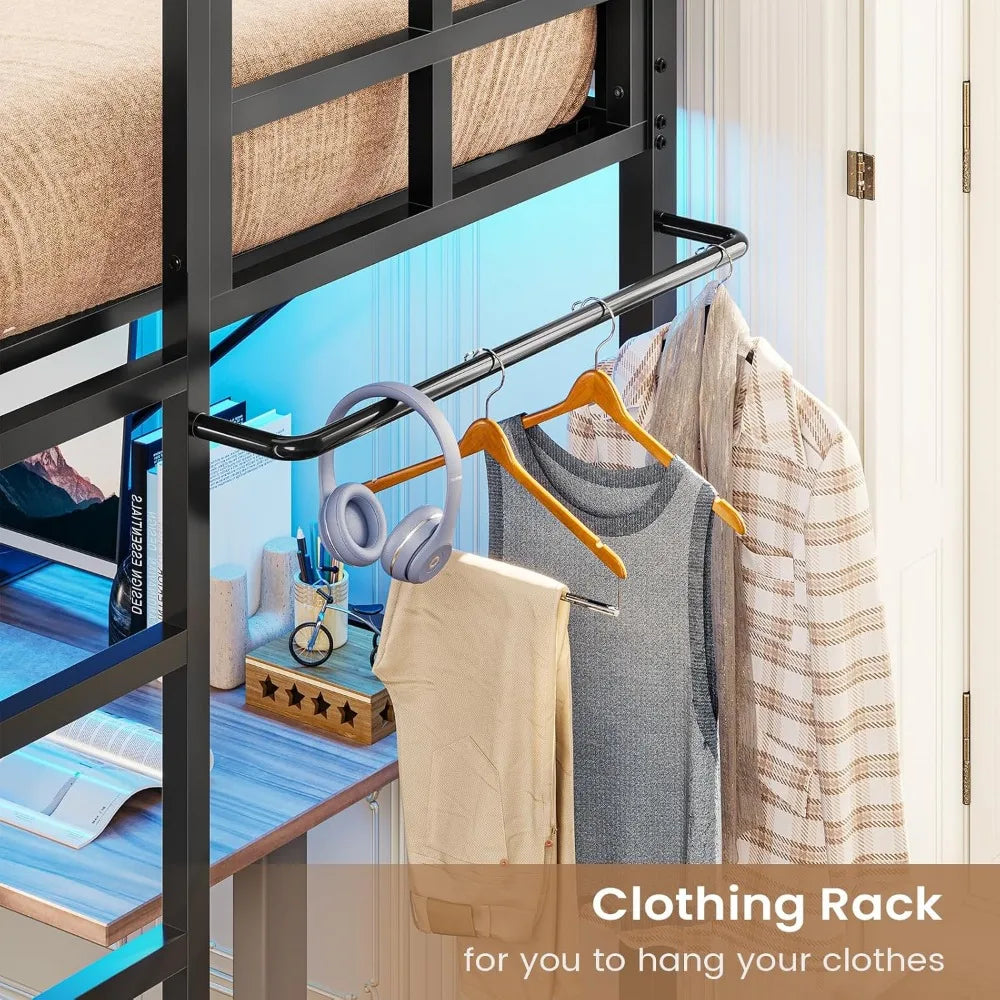 Twin Loft Bed with LED Lights, Metal Loft Bed Twin Size with Full-Length Guardrail &Clothes Rack,Heavy Duty Metal Loft Bed Frame