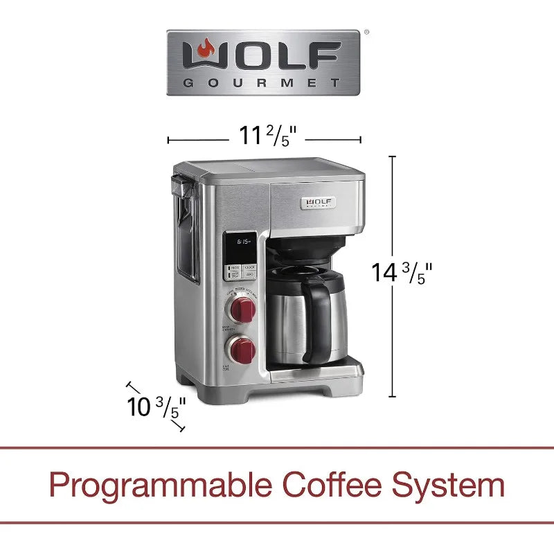 WOLF GOURMET Programmable Coffee Maker System with 10 Cup Thermal Carafe, Built-In Grounds Scale, Removable Reservoir, Red Knob