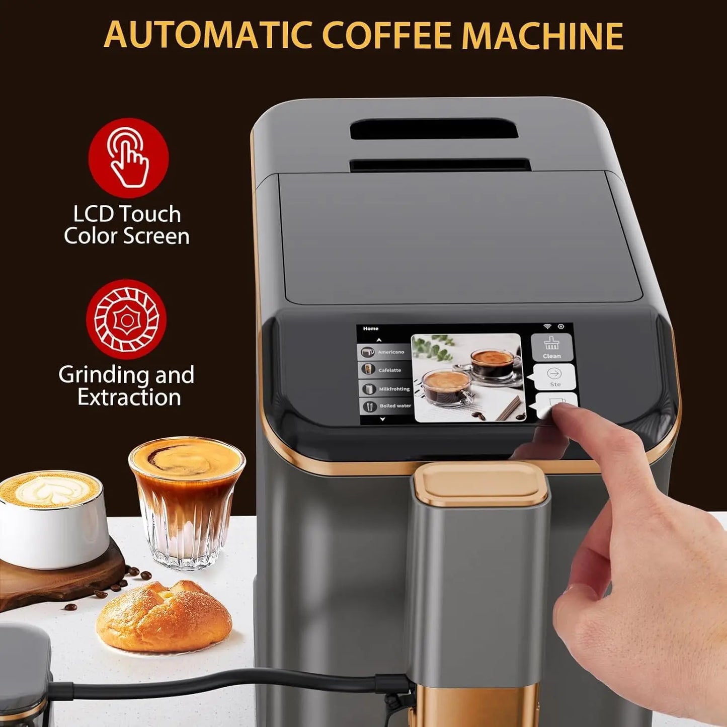 Grey Gold Fully Automatic Espresso Machine, 20 Bar Coffee Machine with Grinder & Automatic Milk Frother, One-Touch Control Panel