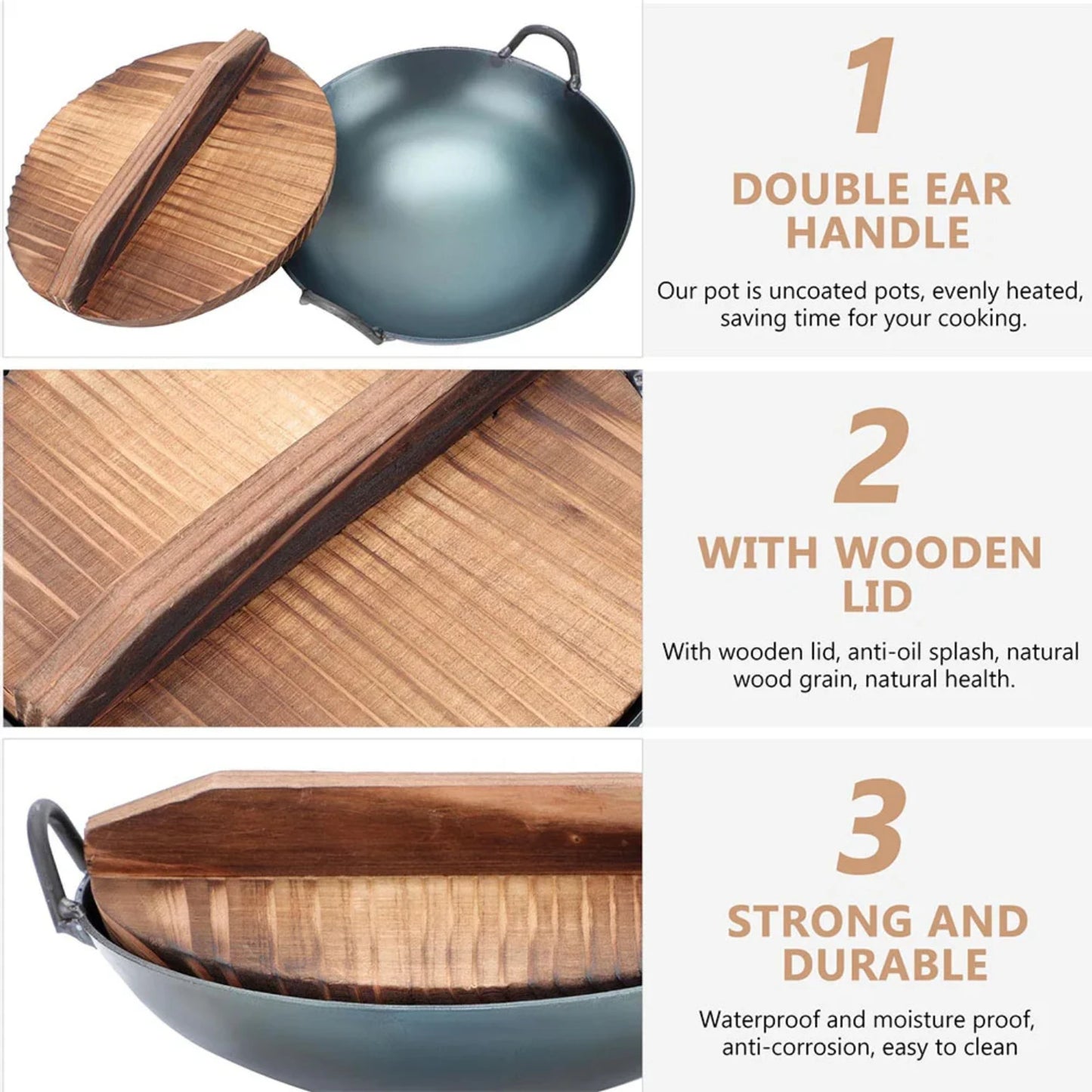 Non-Stick Decor Chinese Wok, Stir Fry Skillet with Wooden Lid and Double Ear, Everyday Mini Cookware Pan