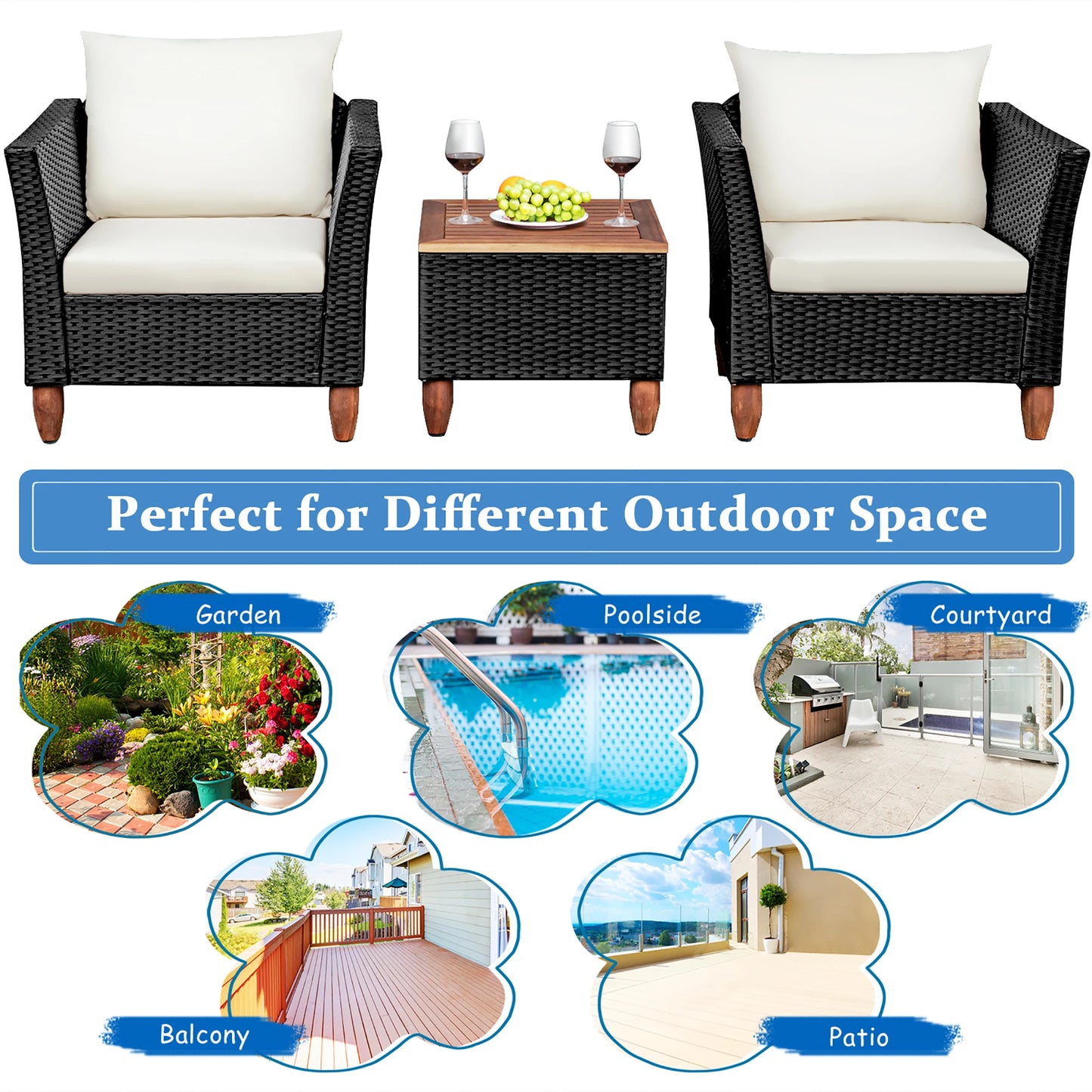 3PCS Outdoor Patio Rattan Furniture Set Wooden Table Top Cushioned Sofa Black