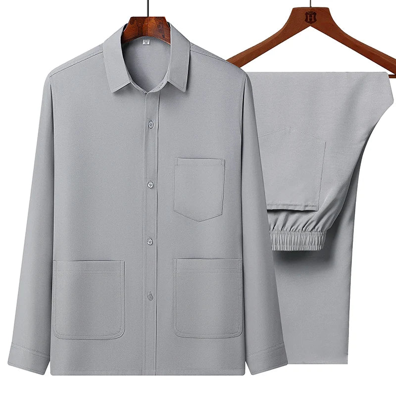 Men Sets Casual Tang Clothing Long Sleeve Shirts Pants two piece Hanfu Kung Tang Suit Chinese Men's National Clothing Suit