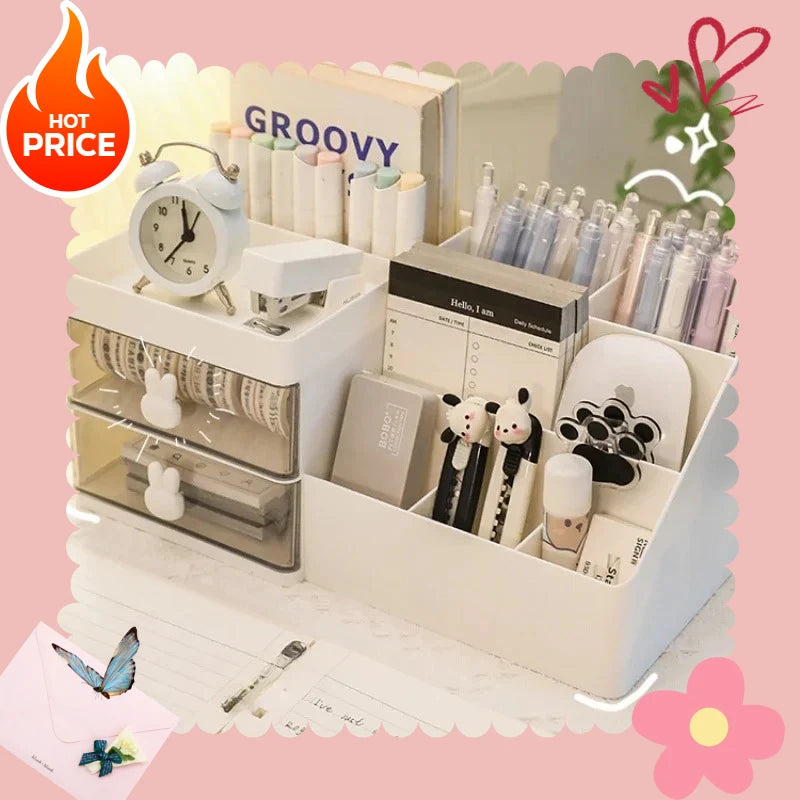 Desktop Cosmetic Storage Box with Drawers And Pen Holder Office Desk Organizer Stationery Rack for Desktop Organization